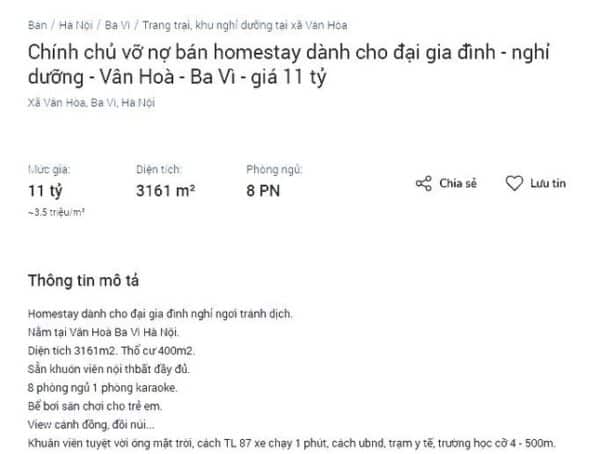 Một tin rao bán homestay ở xã Vân Hòa (huyện Ba Vì, Hà Nội) trên Batdongsan.com.vn